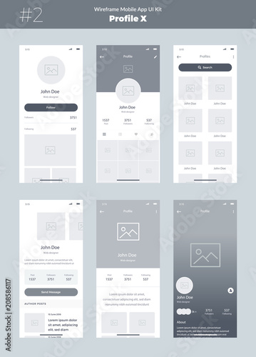 Wireframe kit for mobile phone. Mobile App UI, UX design. New profile screens: home, feed, about, photos, followers, messages, friends, profile, info, search, settings.