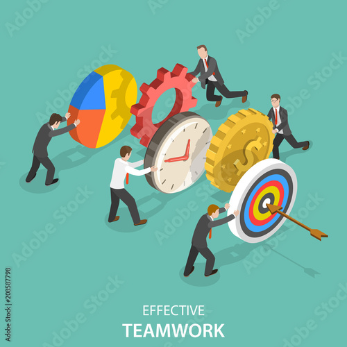 Flat isometric vector concept of effective teamwork, business team, brainstorm.