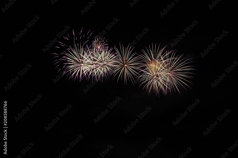 Beautiful colorful fireworks. Abstract background for celebrations and New Year. Brno dam, the city of Brno-Europe. International Fireworks Competition.