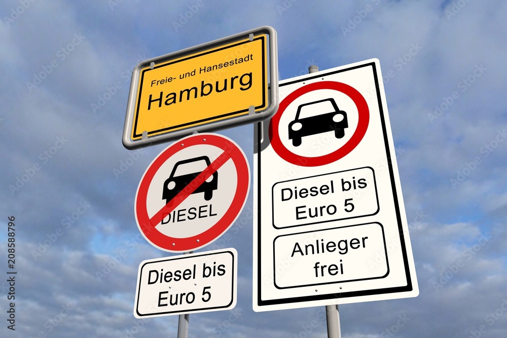 Diesel Fahrverbot Hamburg - Ortsschild Hamburg mit dem Verbotsschild Diesel Fahrverbot bis Euro 5 - Anlieger frei Diesel Fahrverbot Hamburg - Ortsschild Hamburg mit dem Verbotsschild Diesel Fahrverbot bis Euro 5 - Anlieger frei