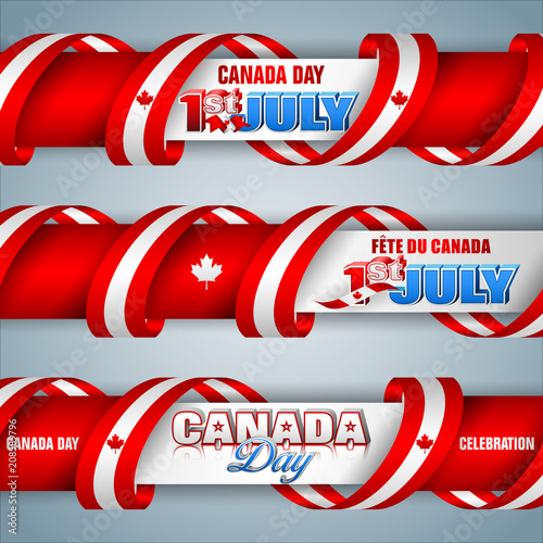 Set of web banners with texts, maple leaf and national flag colors for first of July, Canada day, celebration; Vector illustration