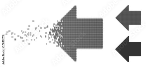 Gray vector arrow left icon in dispersed, pixelated halftone and undamaged entire versions. Disintegration effect uses square dots. Pieces are organized into disappearing arrow left figure.