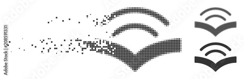 Grey vector audiobook icon in dissolved, dotted halftone and undamaged whole variants. Disappearing effect uses rectangle particles. Cells are grouped into dissolving audiobook shape.