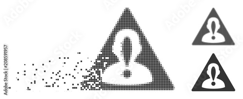 Gray vector blacklisted person icon in dissolved, pixelated halftone and undamaged solid variants. Disintegration effect involves rectangle dots.