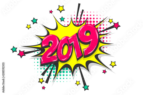 2019 year pop art comic book text speech bubble