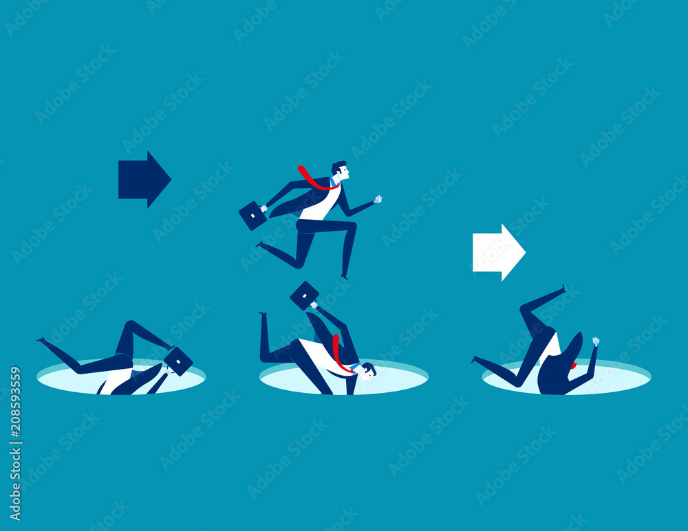 Fototapeta premium Leader avoiding pitfalls. Concept business vector business illustration. Flat character design, Trapped, Leadership, Cartoon business style.