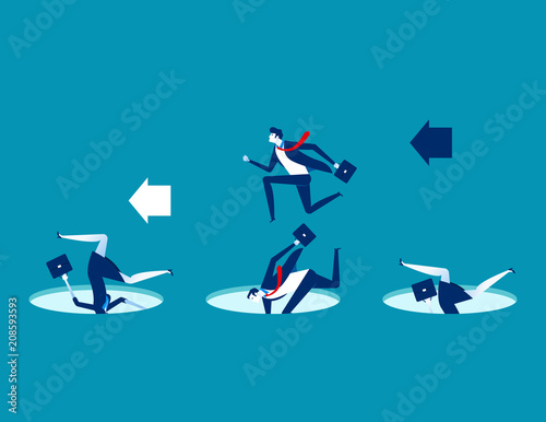 Leader avoiding pitfalls. Concept business vector business illustration. Flat character design, Trapped, Leadership, Cartoon business style.