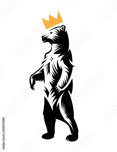 bear in the crown stands on hind legs. Wild animal logo