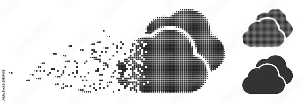 Grey vector clouds icon in fractured, dotted halftone and undamaged entire variants. Disintegration effect involves rectangle particles. Fragments are organized into dissolving clouds pictogram.