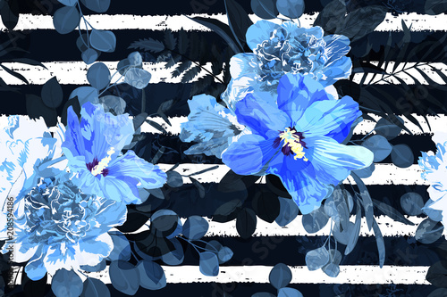 Flower seamless pattern. Floral stripe print. Vector illustration. Watercolor...