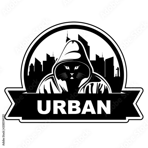 Logo with city skyline and cat in hoodie. Cat Gangster. Urban art.  Funny cat. Print on T-shirts, sweatshirts. 