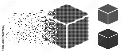 Grey vector cube icon in dissolved, pixelated halftone and undamaged entire variants. Disappearing effect involves rectangle dots. Fragments are arranged into dissolving cube pictogram.