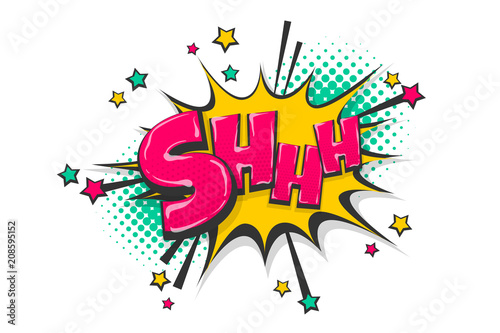 Shh silence pop art comic book text speech bubble