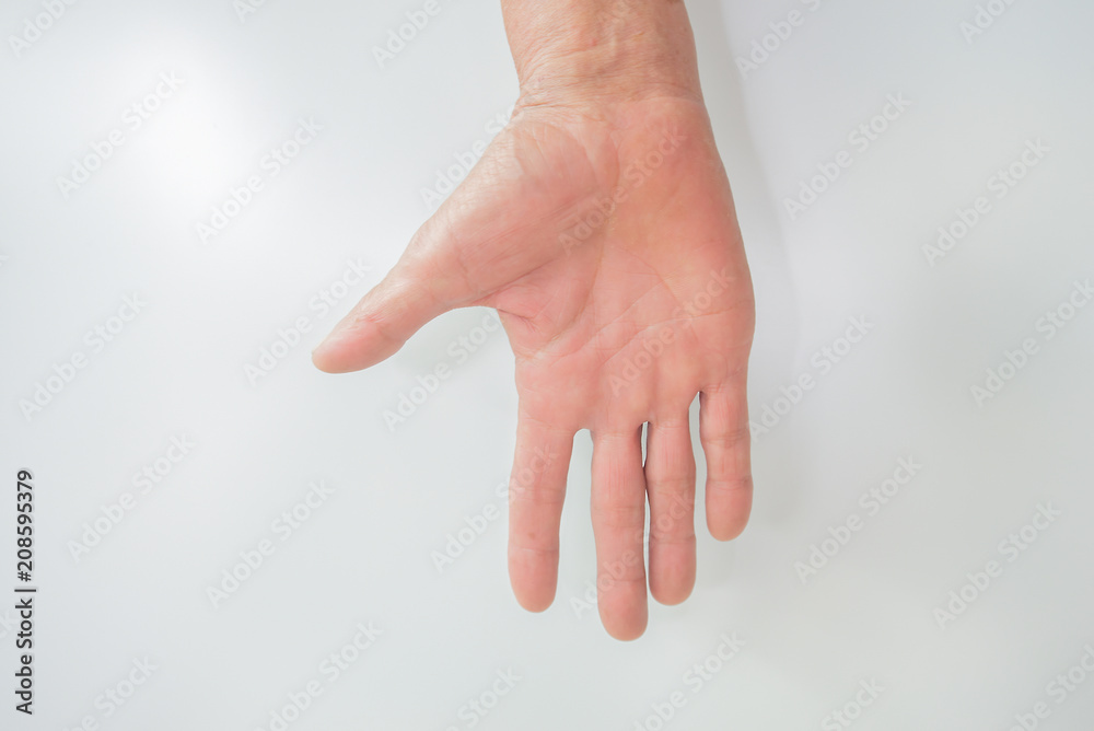 Hand and finger man is rough skin and wrinkles. Gesture on a whi
