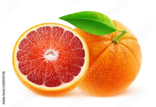 Isolated fruits. One and half blood oranges isolated on white background with clipping path