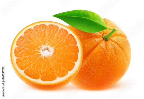 Fototapeta Naklejka Na Ścianę i Meble -  Isolated fruits. One and half oranges isolated on white background with clipping path