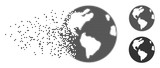 Gray vector Earth icon in fractured, pixelated halftone and undamaged entire versions. Disintegration effect uses square particles. Points are composed into dispersed Earth symbol.