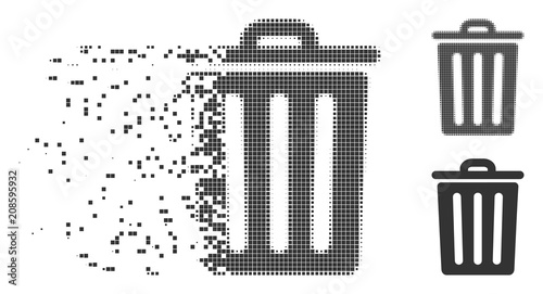 Grey vector dustbin icon in fractured, dotted halftone and undamaged solid variants. Disintegration effect involves rectangular dots. Elements are combined into dissipated dustbin icon.