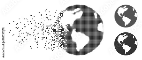 Gray vector Earth icon in fractured, pixelated halftone and undamaged entire versions. Disintegration effect uses square particles. Points are composed into dispersed Earth symbol.