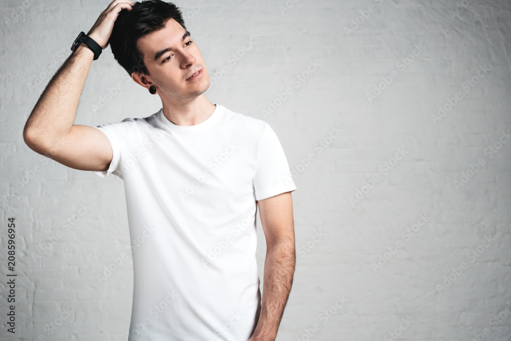 Stylish trendy guy wearing white blank 