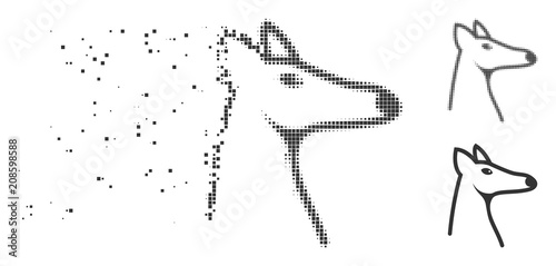 Gray vector fox head icon in dispersed, dotted halftone and undamaged solid versions. Disintegration effect uses rectangular dots. Fragments are grouped into disappearing fox head pictogram.