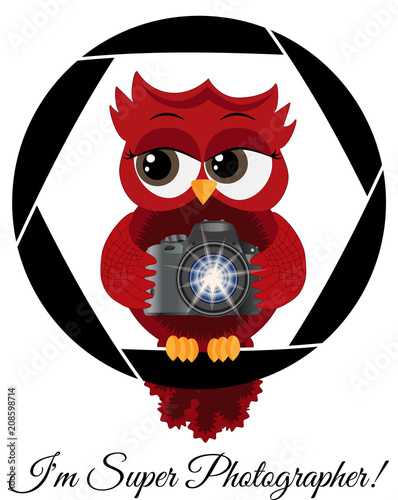 A beautiful cartoon red owl with a camera sits on the camera's diaphragm. Concept photography, vocations, photo business photo