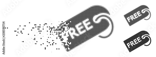 Grey vector free tag icon in fractured, pixelated halftone and undamaged solid variants. Disintegration effect uses rectangle dots. Particles are organized into dissolving free tag figure.