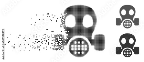 Gray vector gas mask icon in dissolved, dotted halftone and undamaged solid versions. Disappearing effect uses square particles. Fragments are grouped into dissolving gas mask figure.