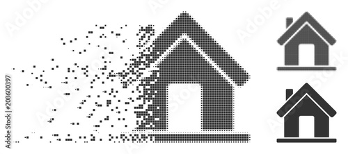 Gray vector home icon in dissolved, dotted halftone and undamaged whole variants. Disintegration effect involves rectangle dots. Particles are combined into dispersed home figure.