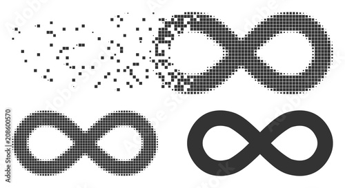 Grey vector infinity icon in dissolved, pixelated halftone and undamaged entire variants. Disintegration effect uses rectangle particles. Points are combined into dispersed infinity icon.