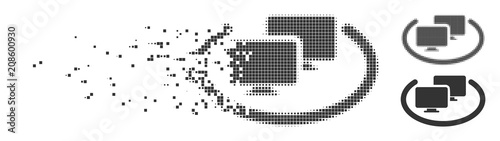Grey vector intranet computers icon in fractured, pixelated halftone and undamaged solid variants. Disappearing effect uses rectangular particles.
