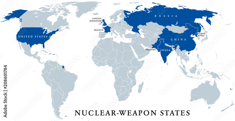 Nuclear-weapon states, political map. Eight sovereign states that have successfully detonated nuclear weapons, shown in blue color. English labeling. Illustration on white background. Vector.