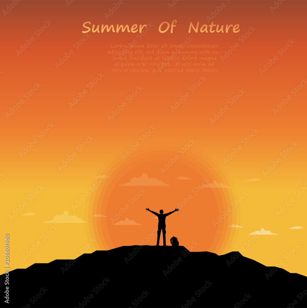 Freedom man silhouette standing on mountain with sunset background Freedom man silhouette standing on mountain with sunset background