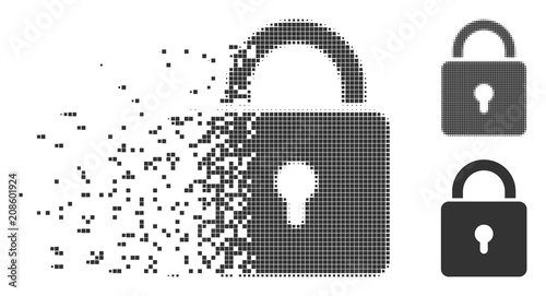 Gray vector lock icon in dissolved, pixelated halftone and undamaged solid versions. Disintegration effect involves square dots. Elements are composed into disappearing lock shape.