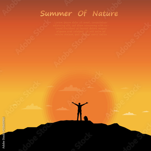 Freedom man silhouette standing on mountain with sunset background