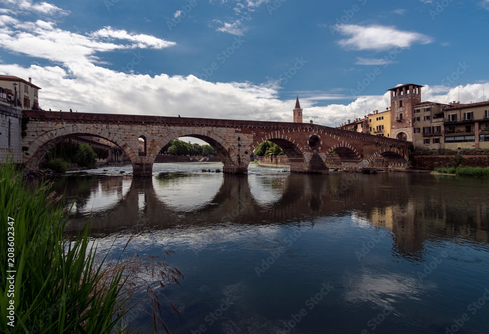Verona. View of St. Peter's Bridge. View of the Adige River. Italy.