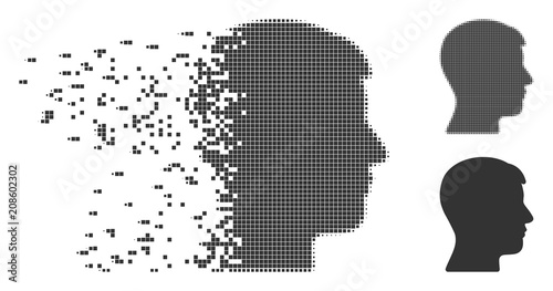 Grey vector man head profile icon in dissolved, pixelated halftone and undamaged whole variants. Disintegration effect involves rectangle particles.