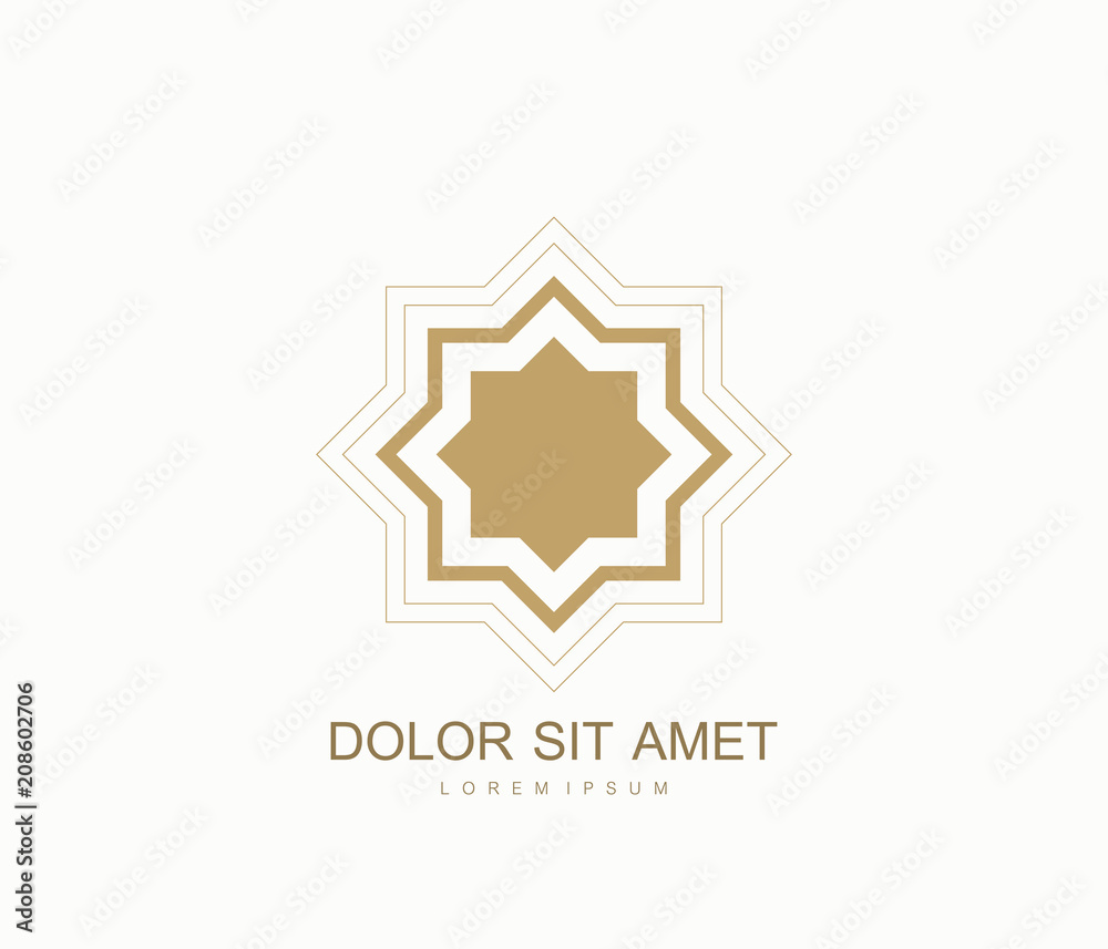 Simple Arabic Islamic Ornament Gold Logo Vector Icon, emblem for luxury products. Arabic style Logotype concept icon. Simple Arabic Islamic Ornament Gold Logo Vector Icon, emblem for luxury products. Arabic style Logotype concept icon.