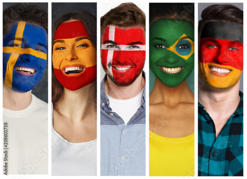 Set of people with painted flags on faces