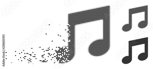 Gray vector music notes icon in dissolved, pixelated halftone and undamaged whole versions. Disappearing effect involves rectangular particles.