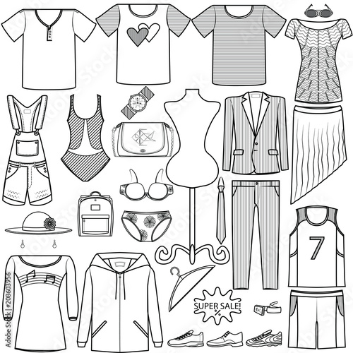 vector icons fashion set - men and women clothing suit bag underwear shoes shirt hat cap Product Category  on white background