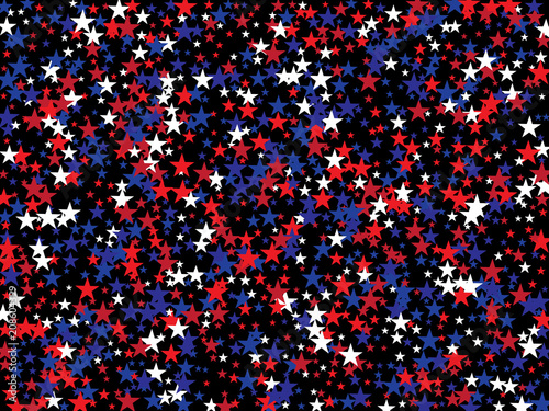 Patriotic 4th of July, Independence Day of America Stars Confetti. Flying Stars Texture, US Blue, Red, White Confetti Banner. USA Independence Day, 4th of July, National Symbols Banner Background.