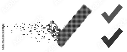 Grey vector OK tick icon in dispersed, pixelated halftone and undamaged entire versions. Disappearing effect uses rectangular dots. Pieces are organized into disappearing OK tick symbol.