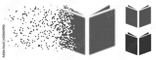 Gray vector open book icon in fractured, pixelated halftone and undamaged whole versions. Disintegration effect uses rectangle particles. Particles are organized into dissolving open book pictogram.