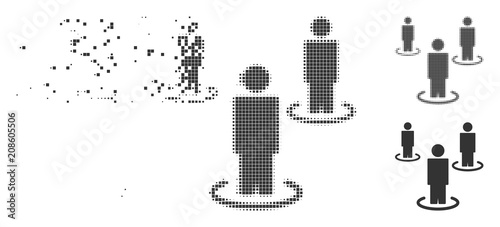 Grey vector people icon in fractured, pixelated halftone and undamaged entire versions. Disappearing effect uses rectangular particles. Pixels are organized into dissolving people symbol.