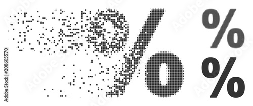 Grey vector percent icon in fractured, pixelated halftone and undamaged solid variants. Disappearing effect involves square dots. Pixels are composed into dissolving percent form.