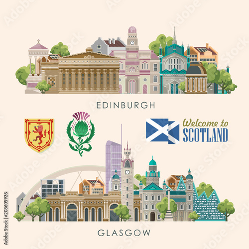 Scotland travel vector in modern style. Scottish landscapes