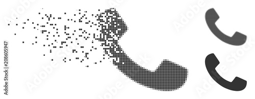 Grey vector phone receiver icon in dissolved, dotted halftone and undamaged solid variants. Disappearing effect involves square particles. Elements are organized into dissolving phone receiver form.