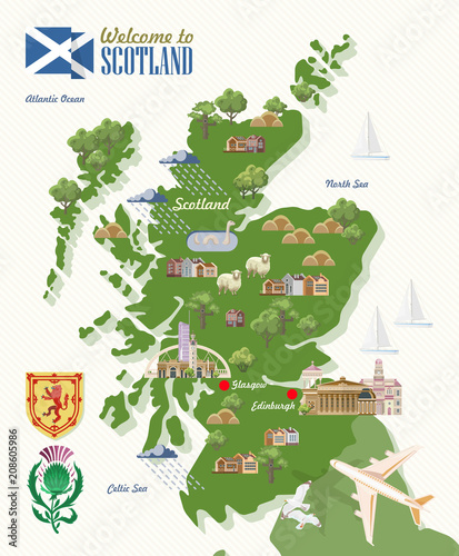 Scotland travel vector in modern style. Scottish landscapes