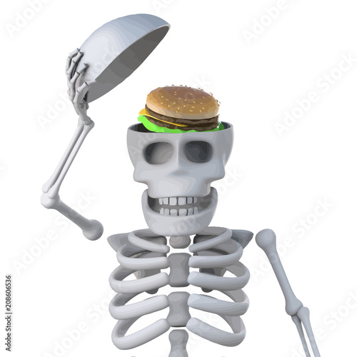 Vector 3d Skeleton reveals a burger inside his skull